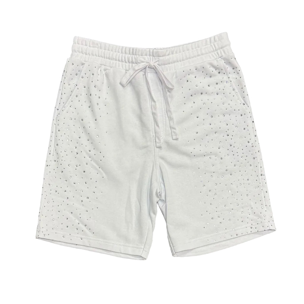 Rebel Minds White Rhinestone Fleece Shorts