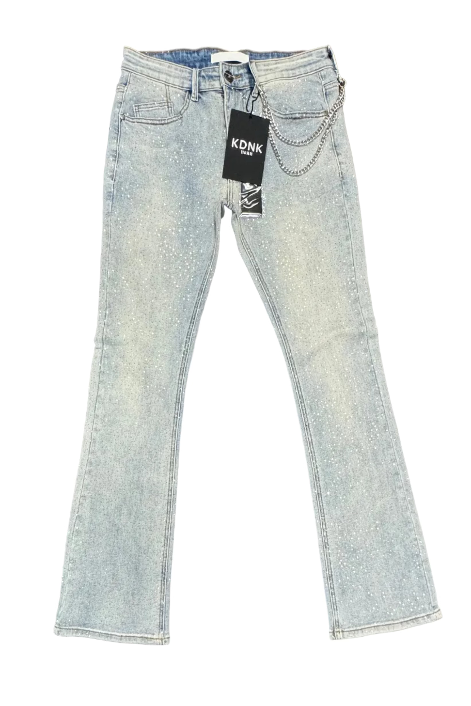KDNK Rhinestone Flare Jeans– Light Wash