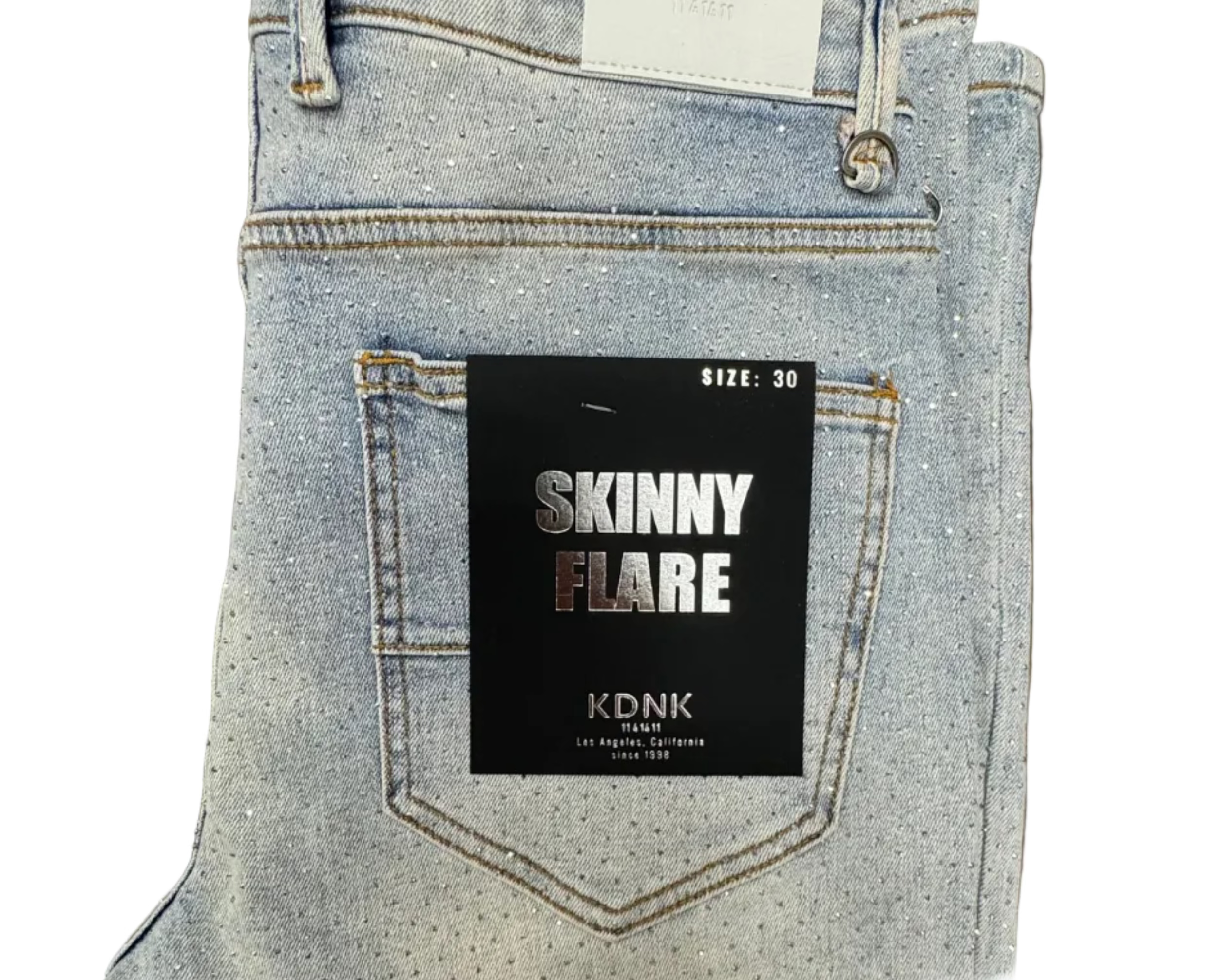 KDNK Rhinestone Flare Jeans– Light Wash
