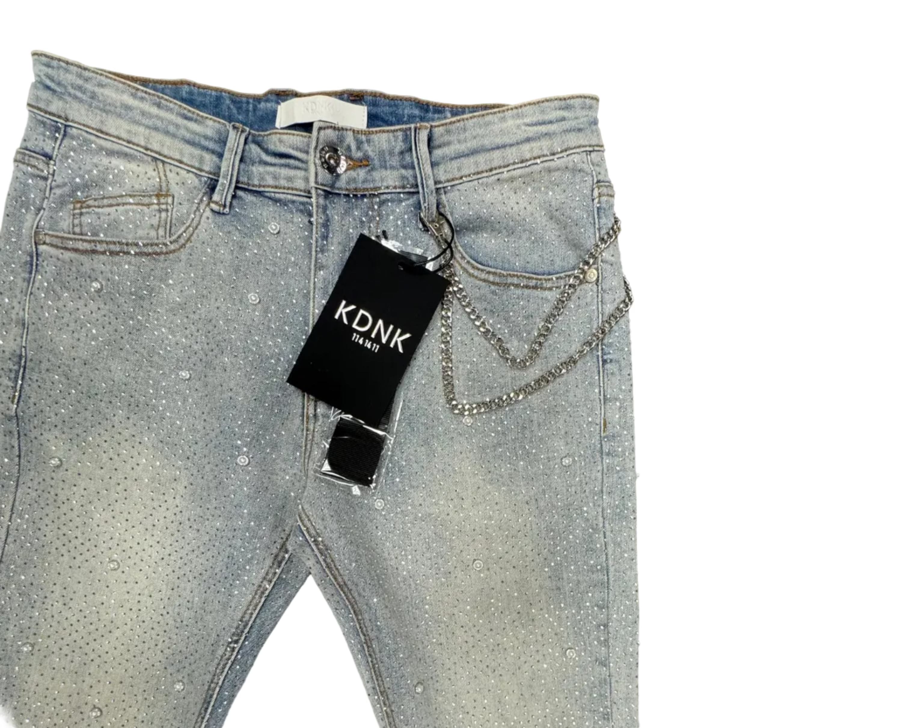 KDNK Skinny Flare Rhinestone Jeans– Lt Wash