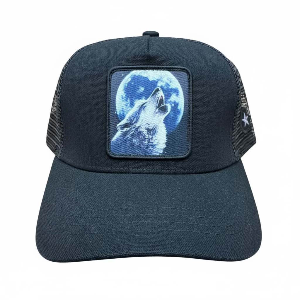Howling Wolf Patch Trucker Hat – Black