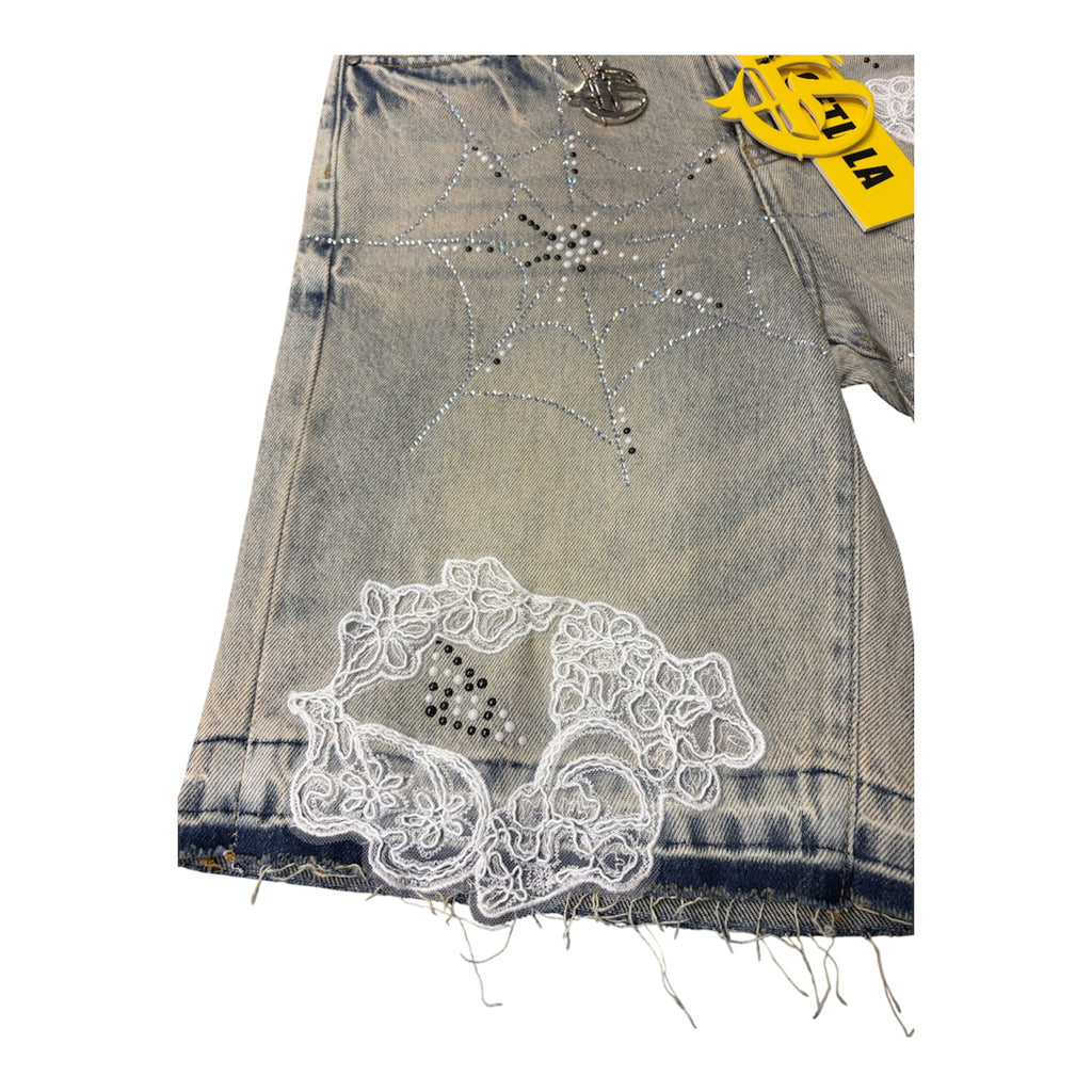 GFTD LA LACE WEB DENIM SHORTS