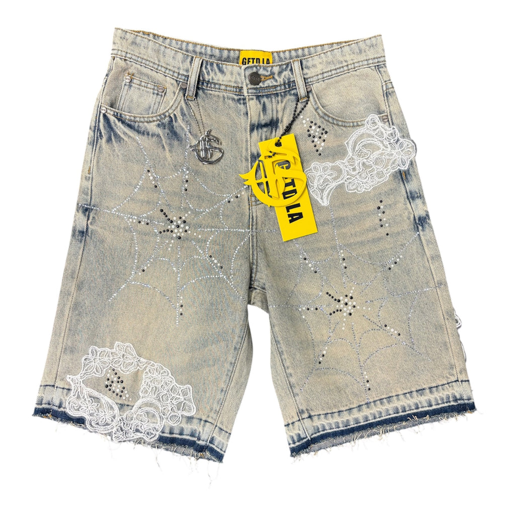 GFTD LA LACE WEB DENIM SHORTS